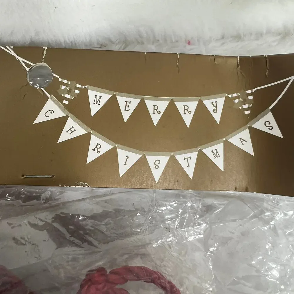 Sealed Pier 1 Pennant Banner Merry Christmas Buffalo Plaid Burlap w/Holly Accent